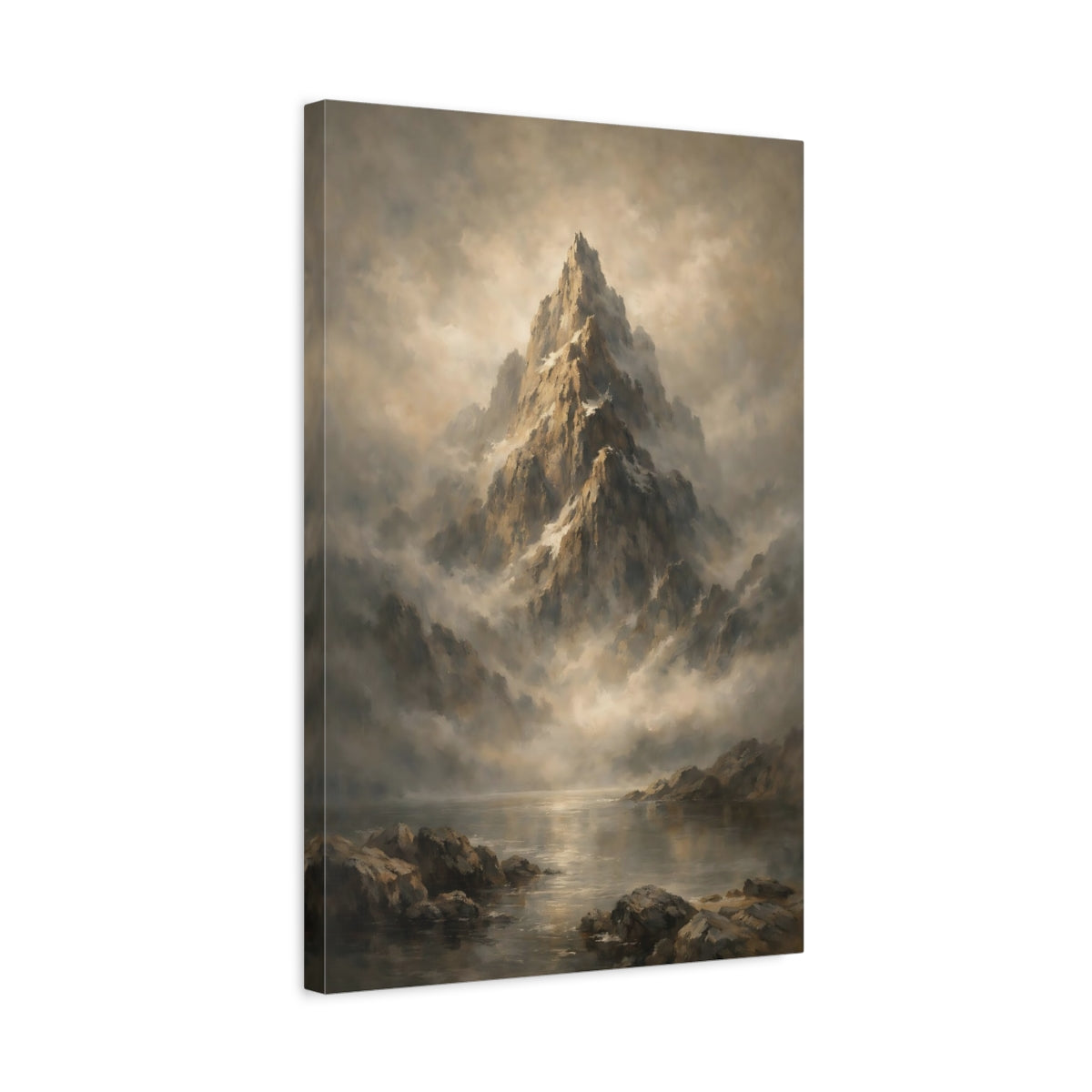 Side Mockup 3. Nature Mountain Peak Brown And Grey Mountain shown as stretched canvas wall art