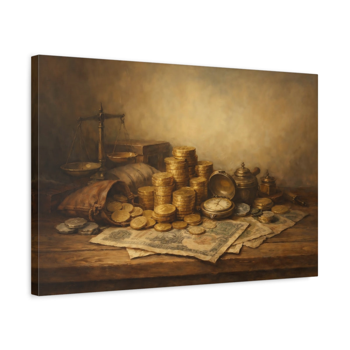 Side Mockup 3. Contemporary Historical Currency Display Scene shown as stretched canvas wall art