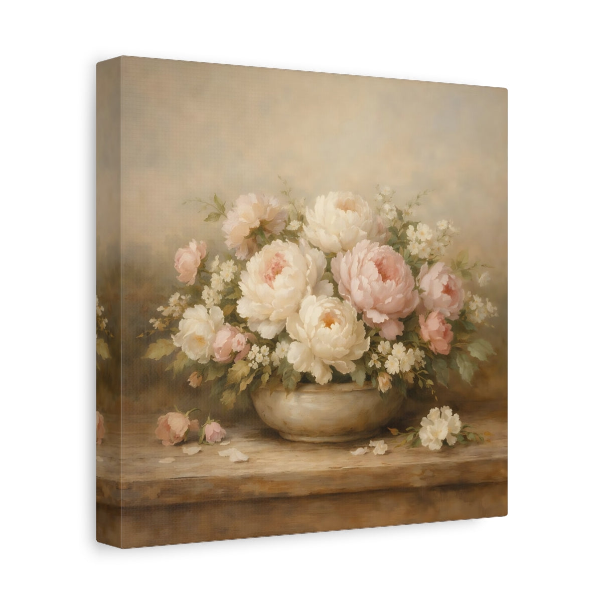Side Mockup 9. Floral Peonies Pink And White Flowers shown as stretched canvas wall art