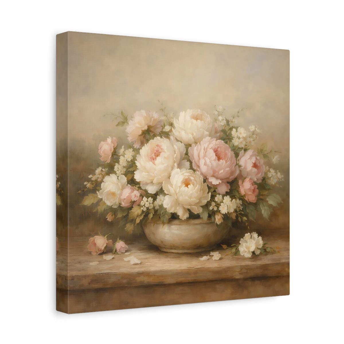 Side Mockup 8. Floral Peonies Pink And White Flowers shown as stretched canvas wall art