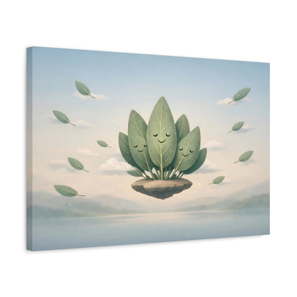 Funny Leaves Sage Smiling Nature - Canvas Wall Art Print