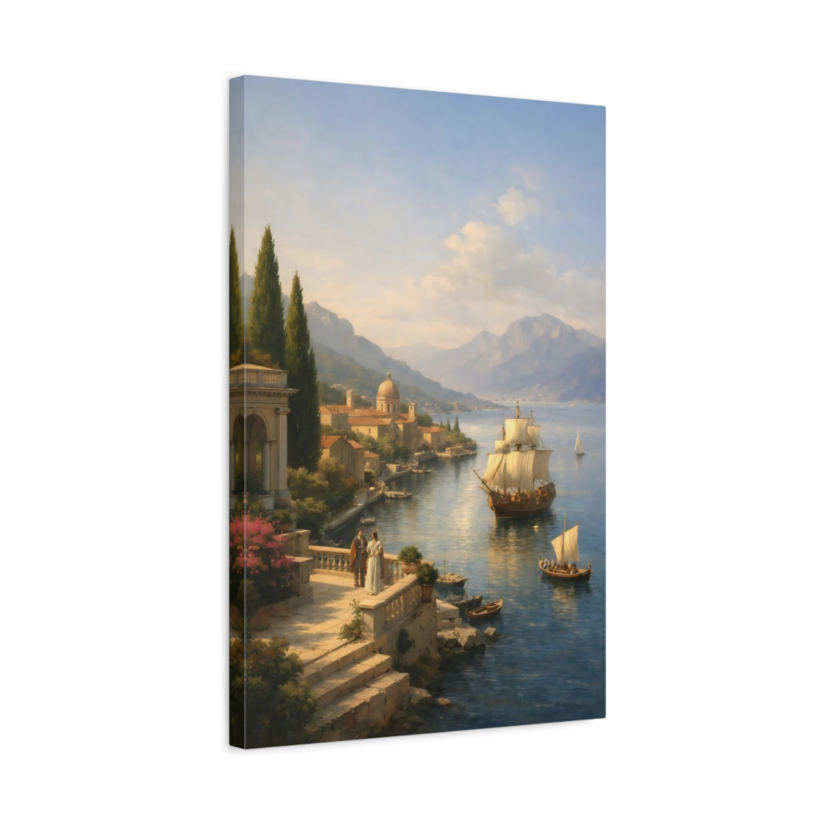 Side Mockup 3. Vintage Sailing Ship Historic Seaport Blue shown as stretched canvas wall art