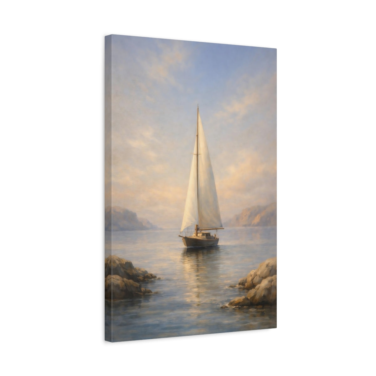 Side Mockup 3. Nature Sailboat Blue And Gold shown as stretched canvas wall art