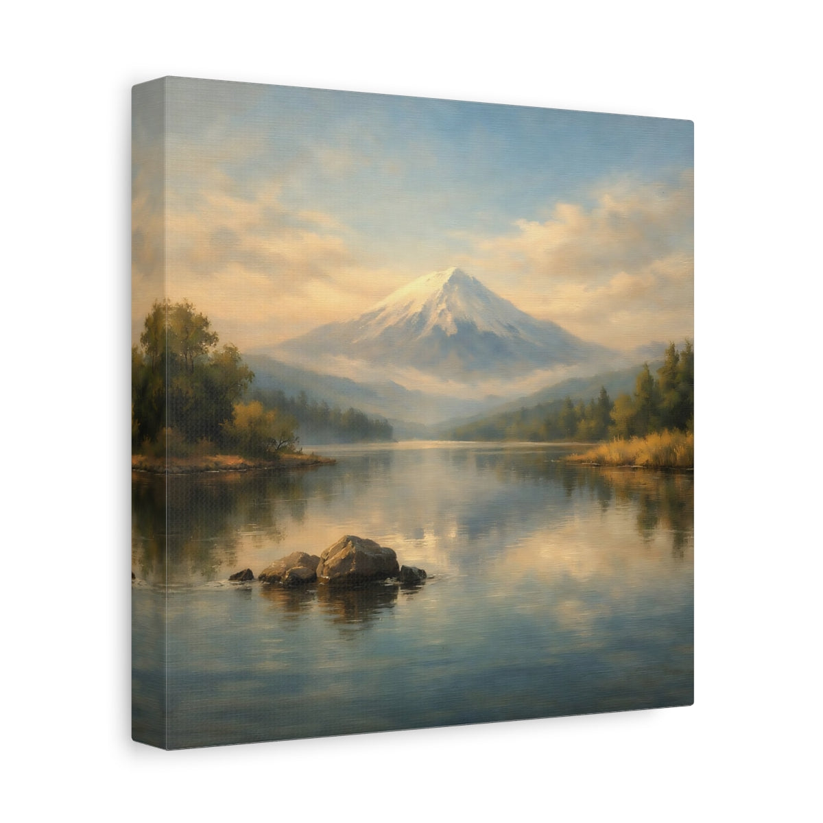 Side Mockup 9. Nature Snowy Mountain Blue And Gold shown as stretched canvas wall art