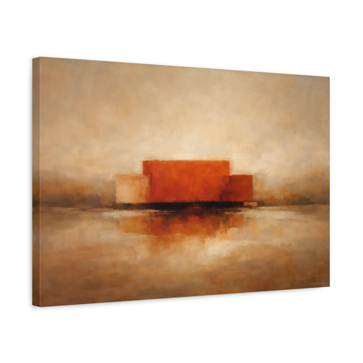 Side Mockup 3. Abstract Abstract Forms Orange And Brown shown as stretched canvas wall art
