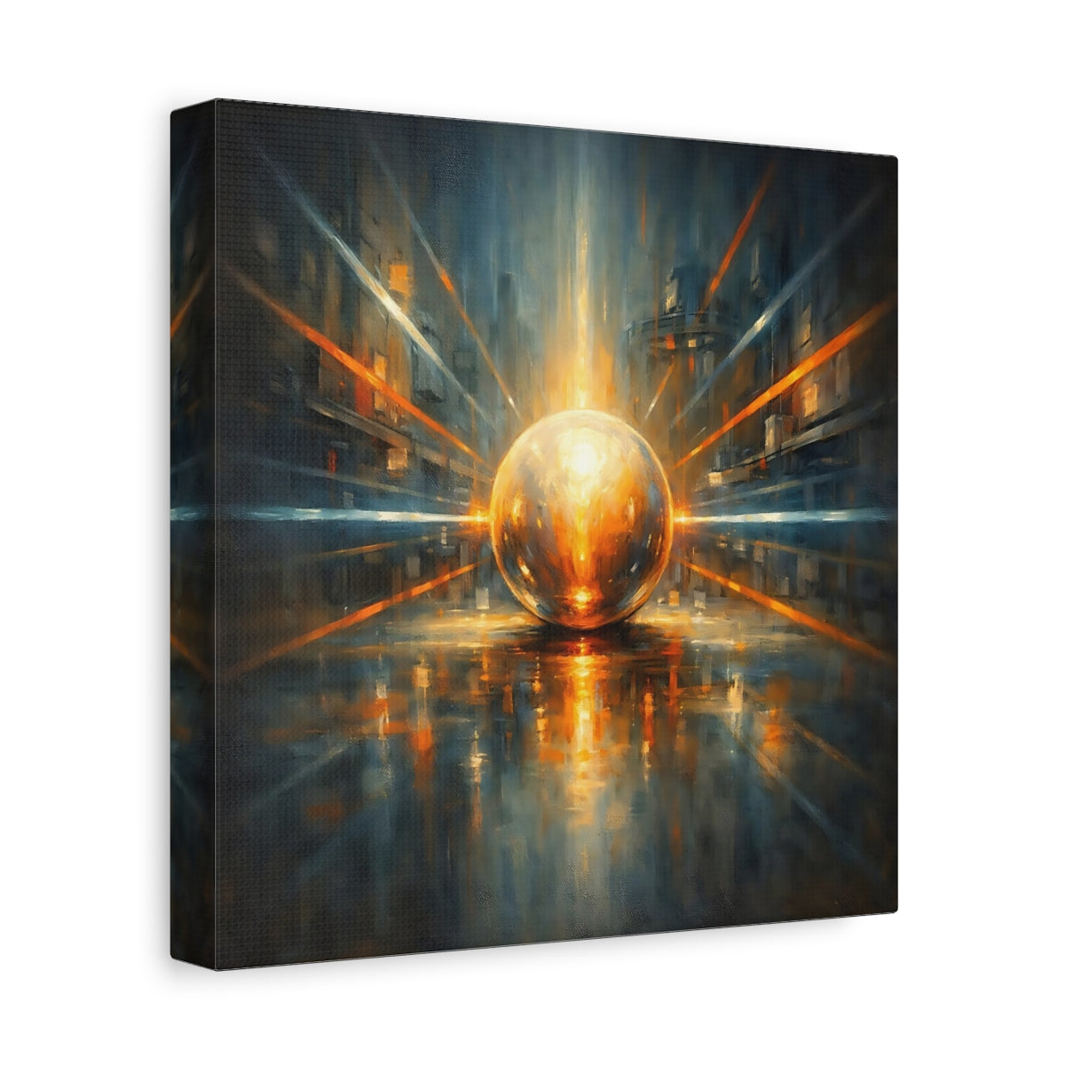 Side Mockup 9. Science Fiction Energy Orb Orange Blue Abstract shown as stretched canvas wall art
