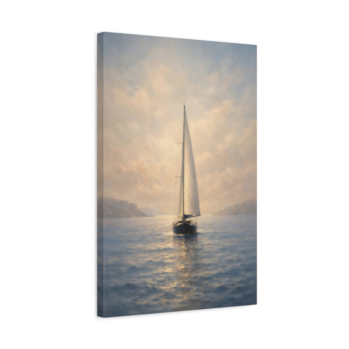 Side Mockup 3. Nature Sailboat Blue Gold Seascape shown as stretched canvas wall art
