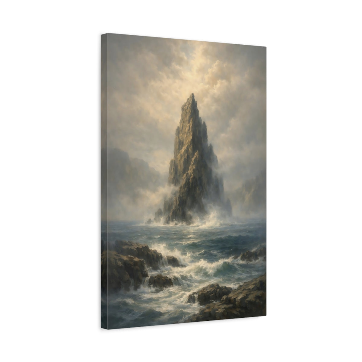 Side Mockup 3. Nature Sea Stack Seascape Rock shown as stretched canvas wall art