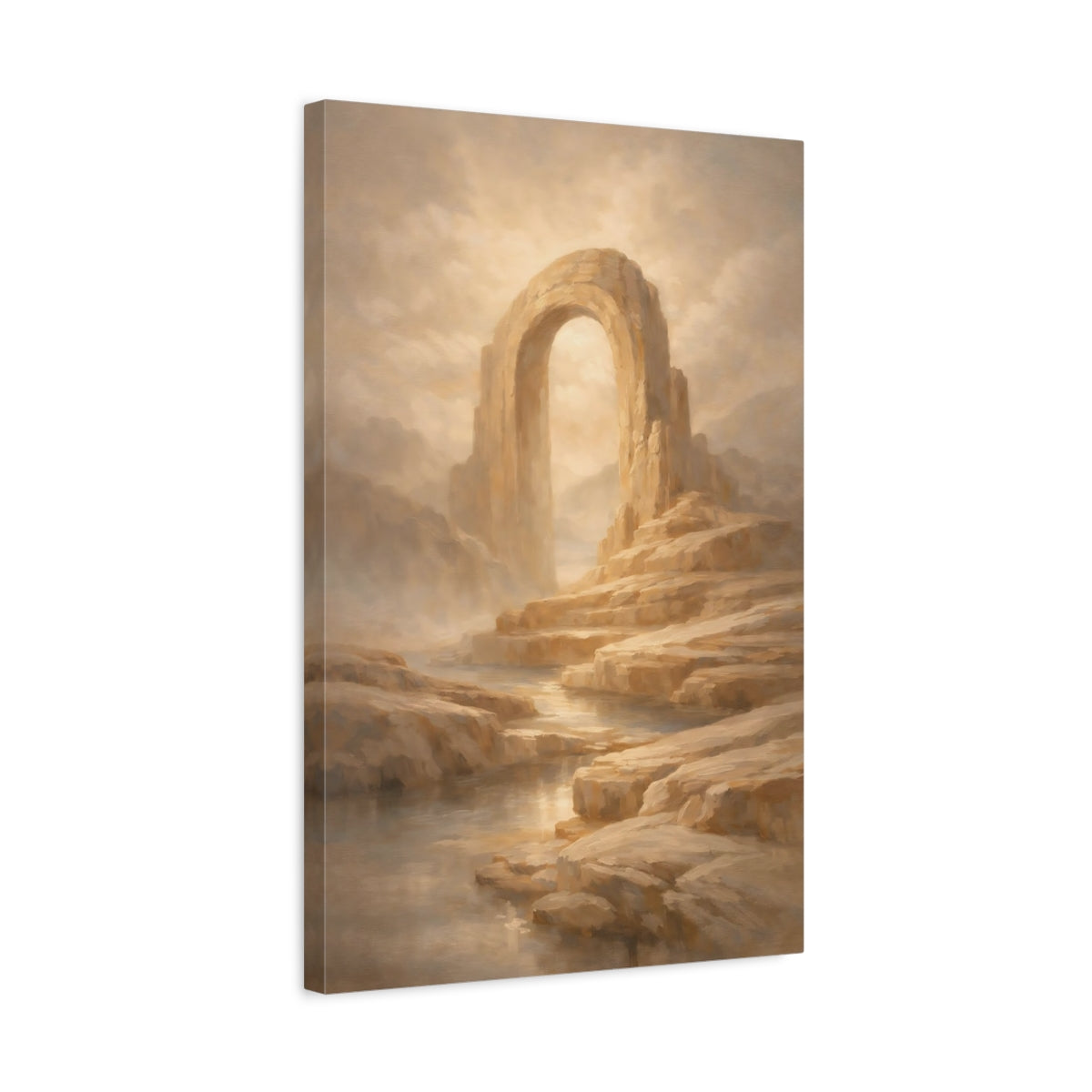 Side Mockup 3. Nature Stone Arch Beige And Gold shown as stretched canvas wall art