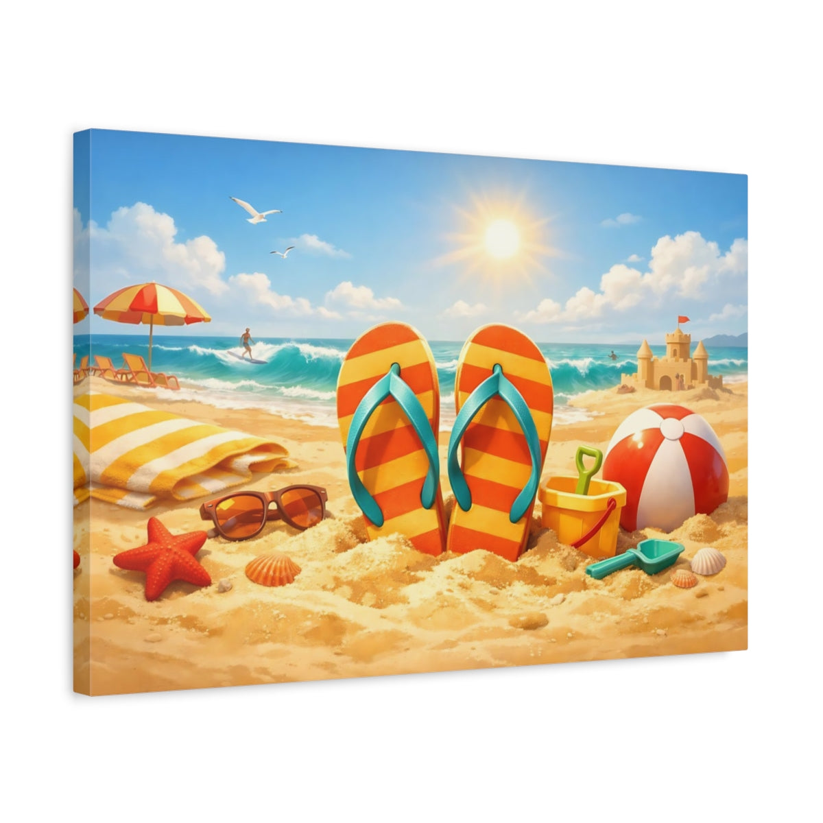 Funny Beach Warm Tones Flip-Flops Nature - Canvas Wall Art Print