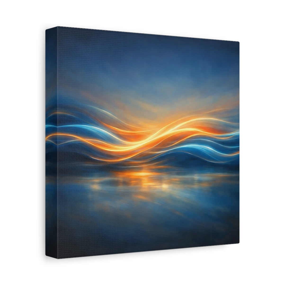 Side Mockup 9. Abstract Light Waves Blue Orange Abstract shown as stretched canvas wall art