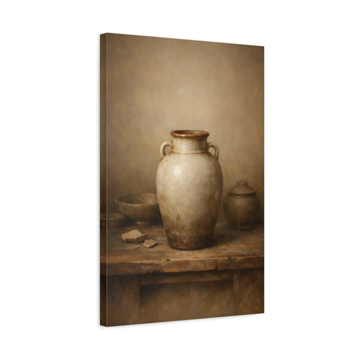 Side Mockup 3. Vintage Earthenware Jar Rustic Pottery shown as stretched canvas wall art