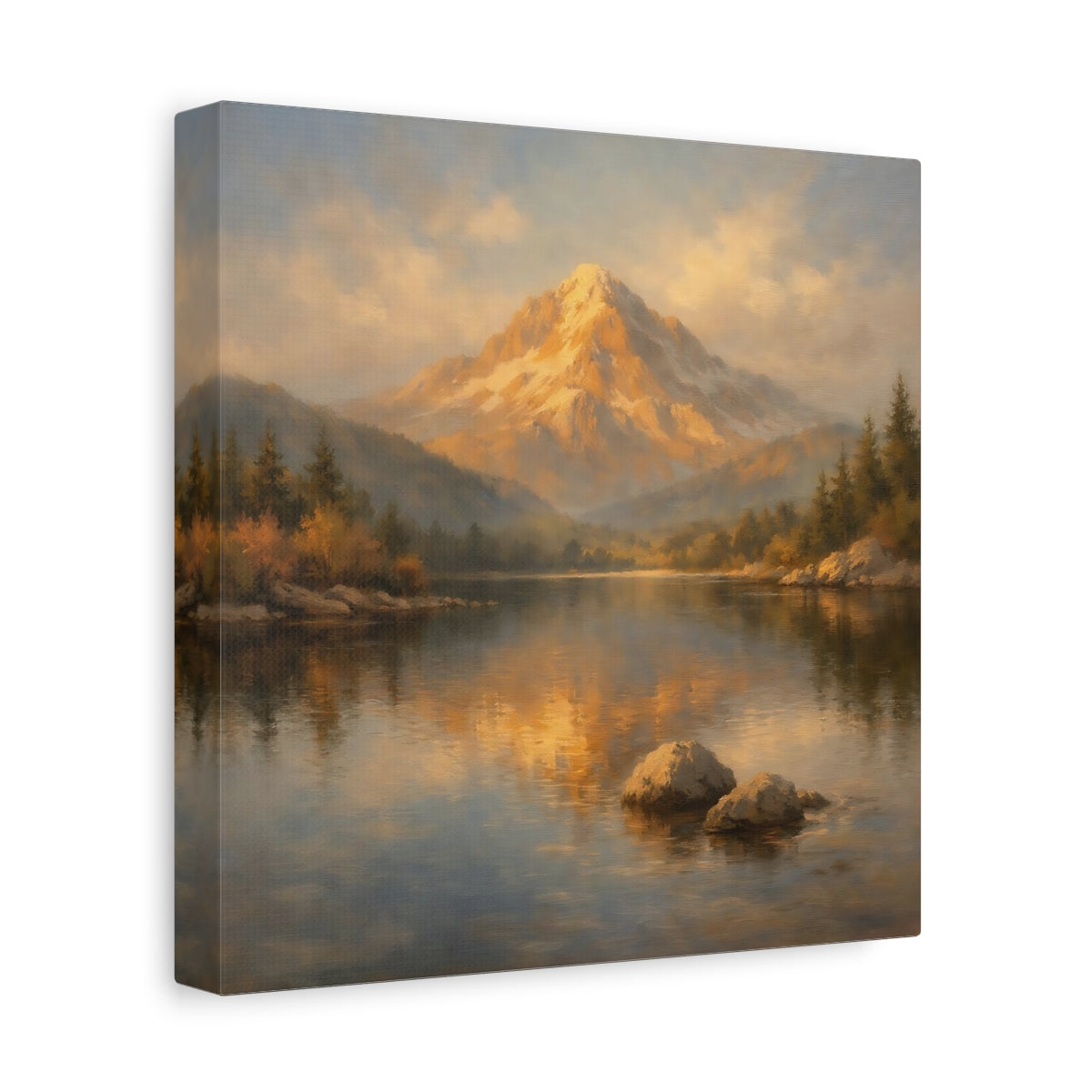 Side Mockup 9. Nature Mountain Lake Golden Mountain Lake shown as stretched canvas wall art