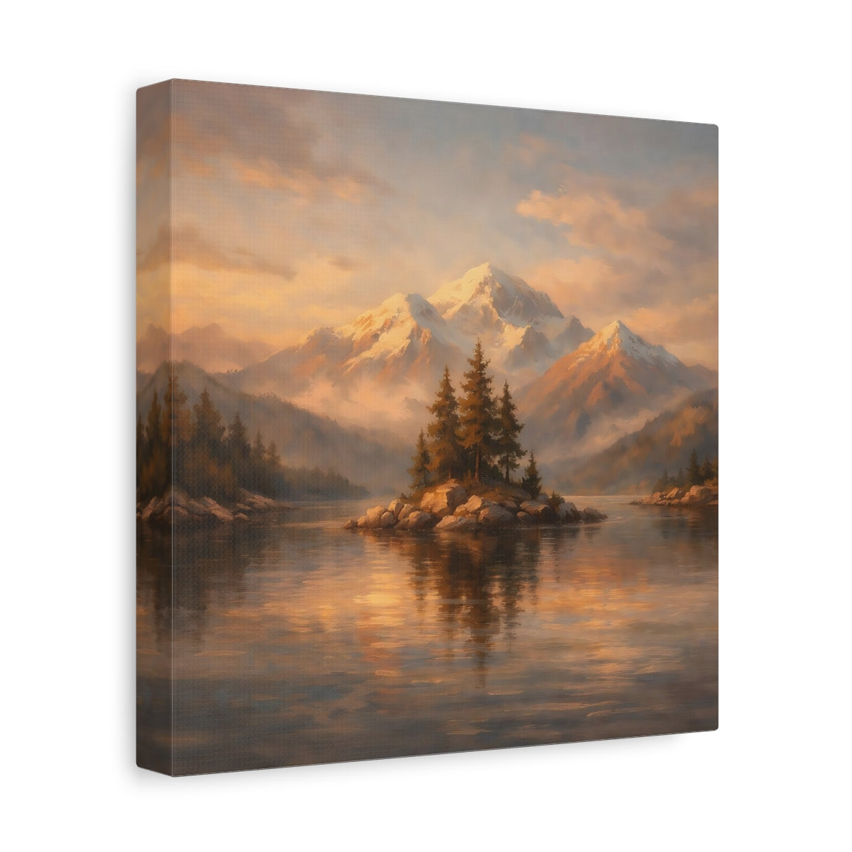 Side Mockup 9. Nature Mountain Lake Golden Mountain Lake shown as stretched canvas wall art
