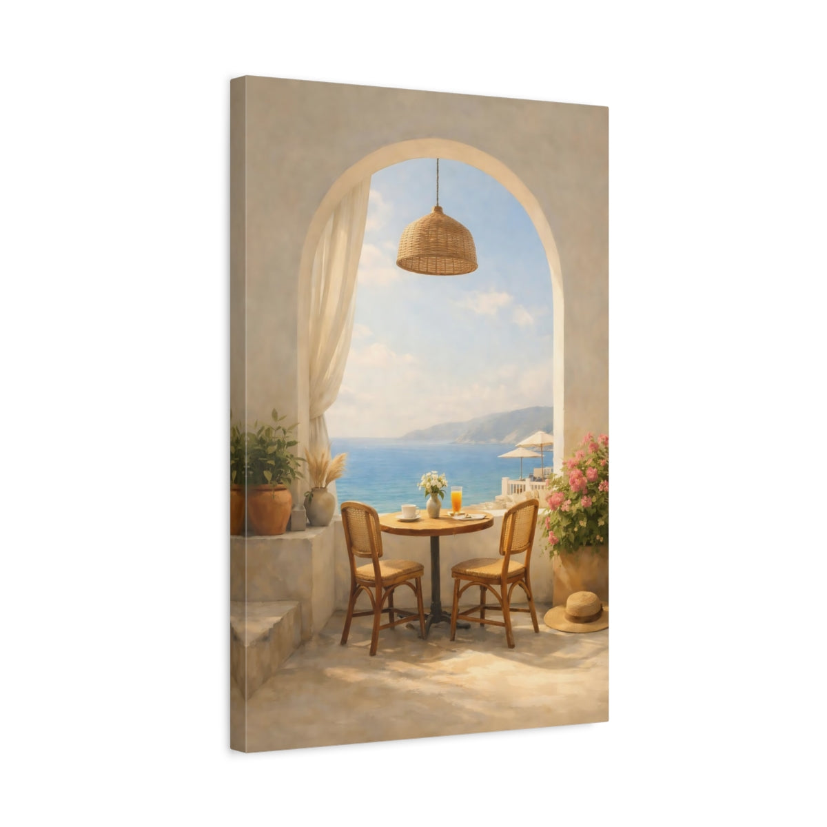 Side Mockup 3. Nature Balcony View Mediterranean Balcony shown as stretched canvas wall art