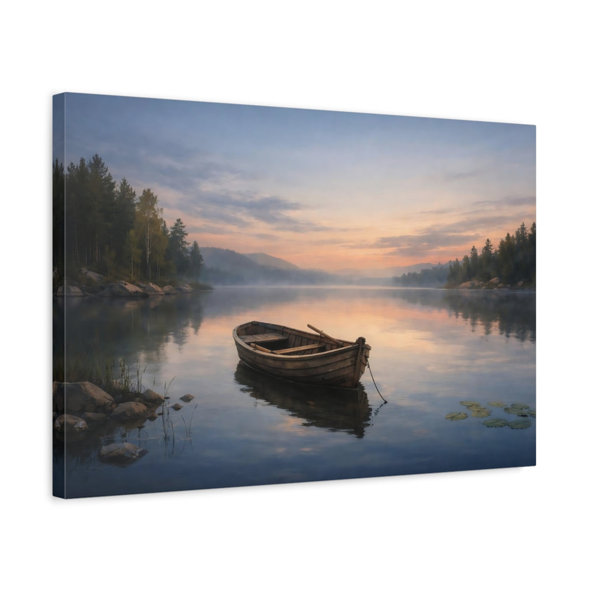 Side Mockup 3. Refined Texture Calm Lake shown as stretched canvas wall art