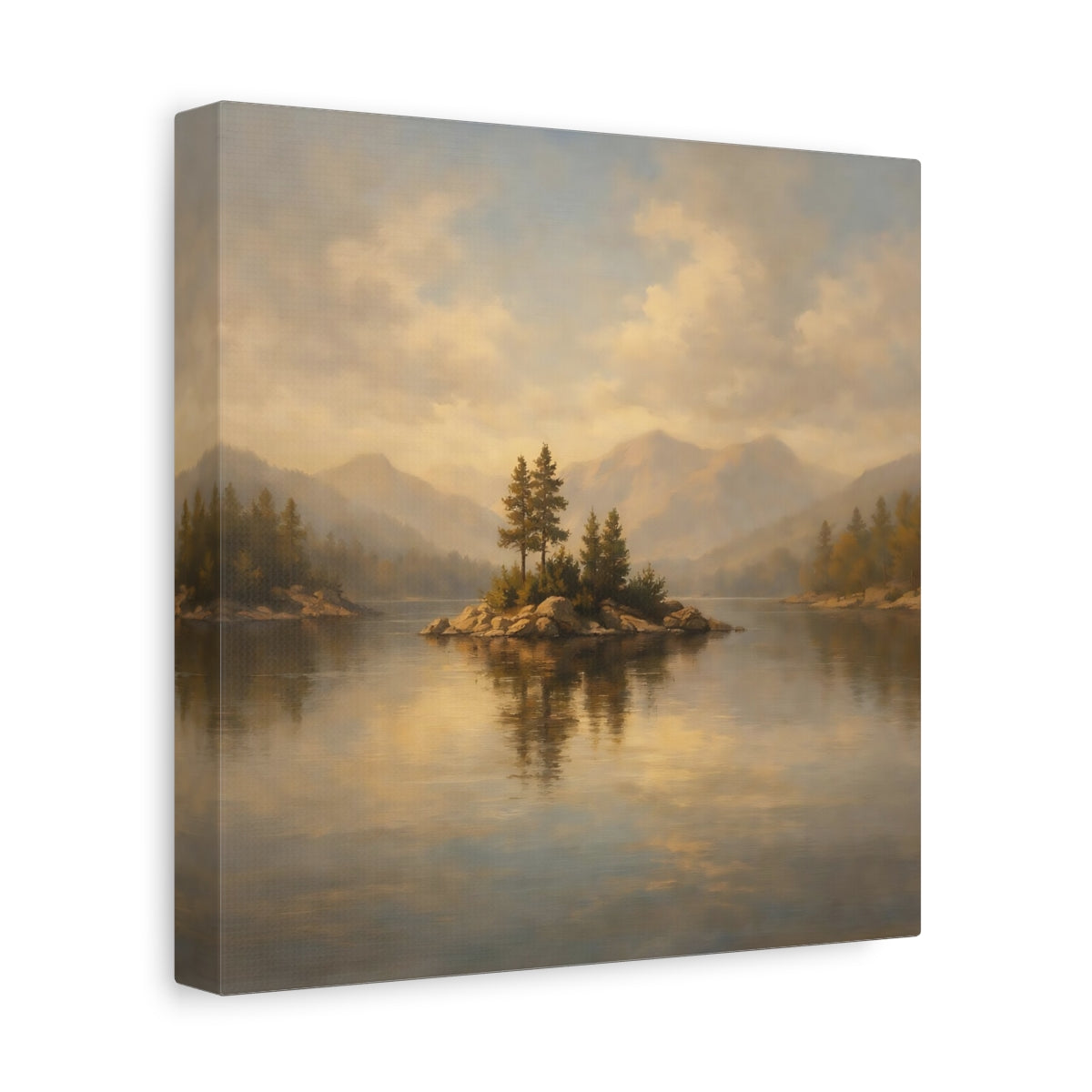 Side Mockup 9. Nature Lake Island Golden Lake Landscape shown as stretched canvas wall art