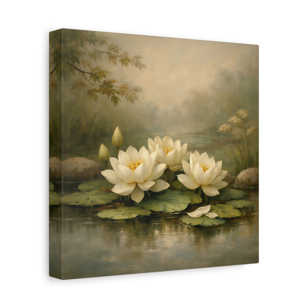 Side Mockup 9. Nature Water Lilies White Water Lilies shown as stretched canvas wall art