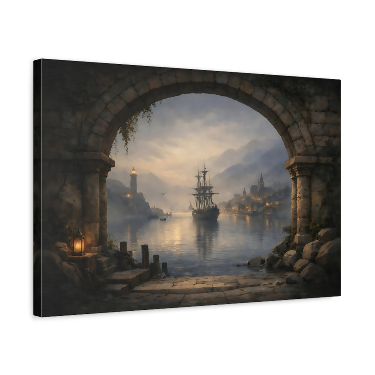 Vintage Sailing Ship Misty Coastal Port - Canvas Wall Art Print