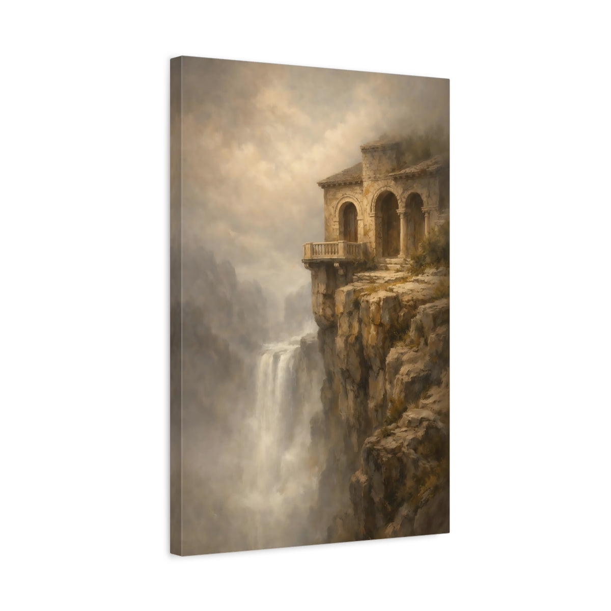 Side Mockup 3. Nature Cliffside Building Earthy Tones Landscape shown as stretched canvas wall art