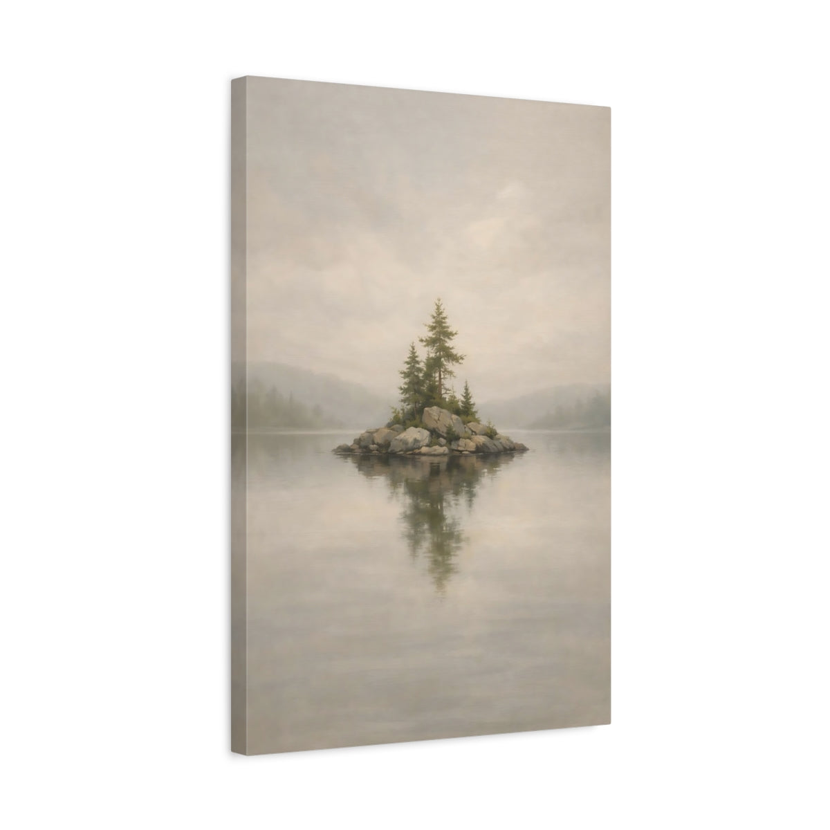 Side Mockup 3. Nature Pine Island Misty Island shown as stretched canvas wall art