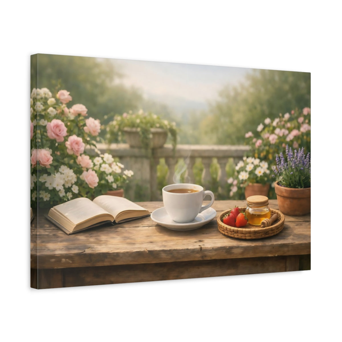 Soft Matte Garden Terrace Morning Coffee Floral - Canvas Wall Art Print