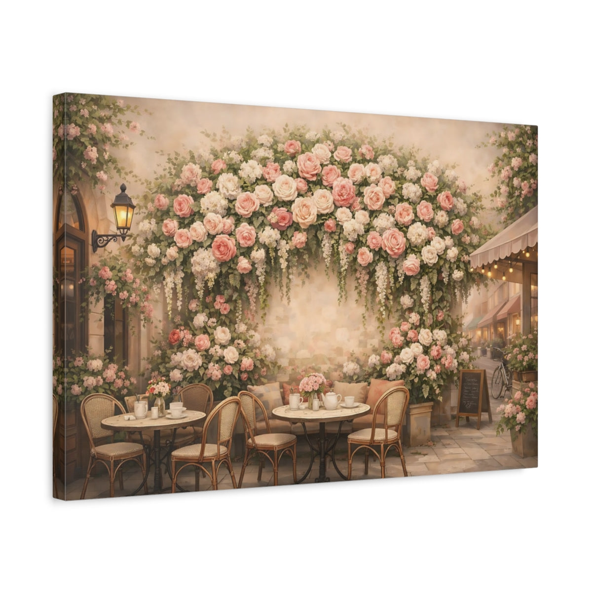 Floral Romantic Cafe Street Pink Roses - Canvas Wall Art Print