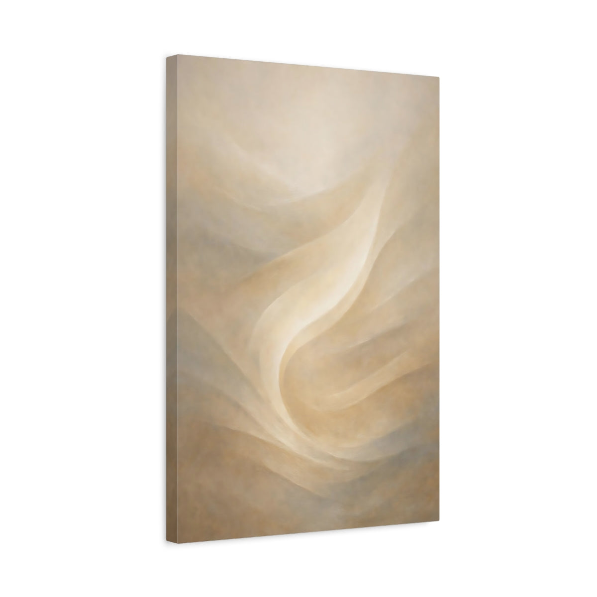 Side Mockup 3. Abstract Flowing Form Cream And Tan shown as stretched canvas wall art