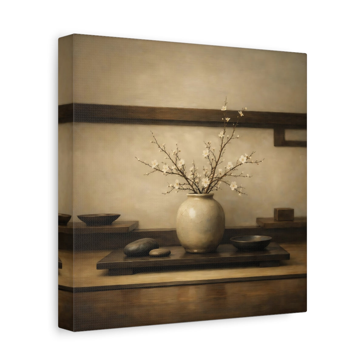 Side Mockup 9. Nature Flowering Branches Brown And White shown as stretched canvas wall art