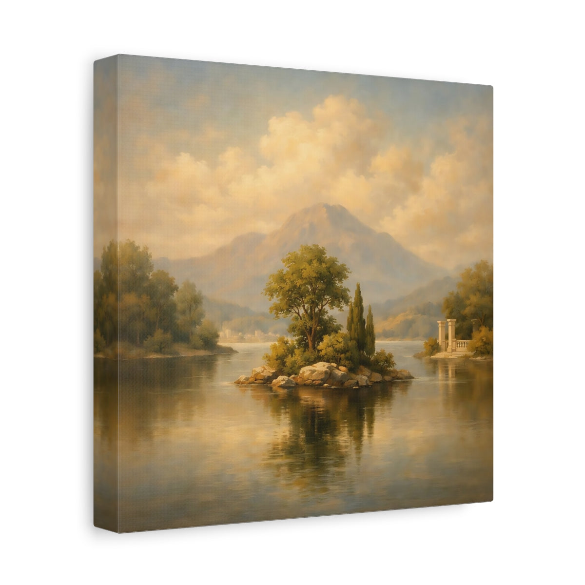 Side Mockup 9. Nature Lake Island Muted Landscape shown as stretched canvas wall art