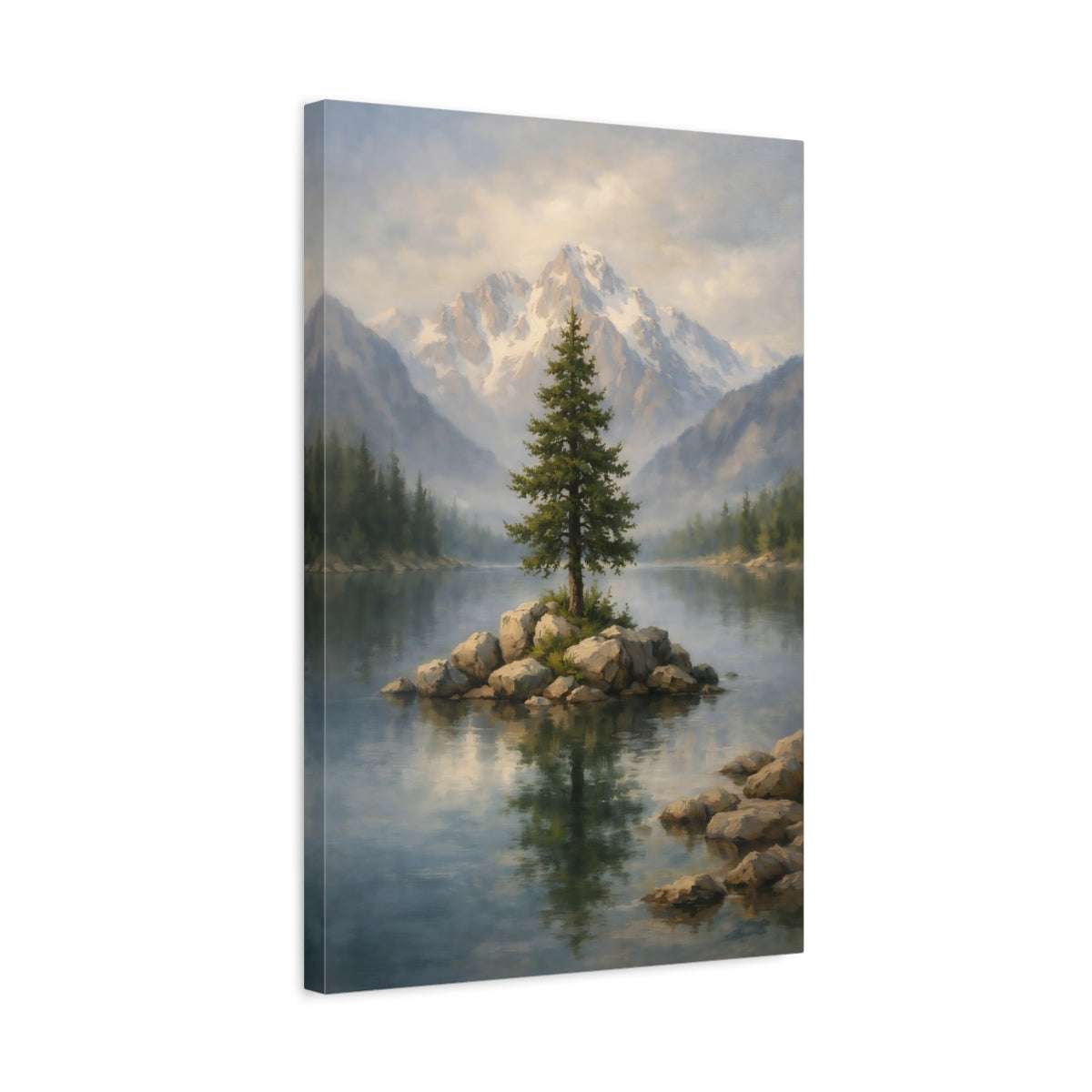 Side Mockup 3. Nature Lone Tree Misty Mountain Lake shown as stretched canvas wall art