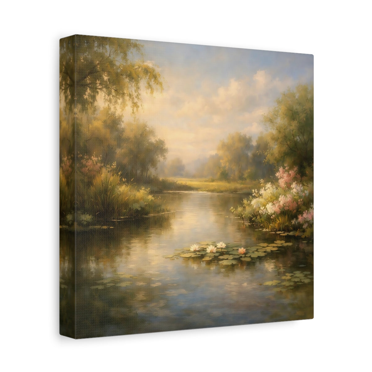 Side Mockup 9. Nature Water Lilies Golden Pond Landscape shown as stretched canvas wall art