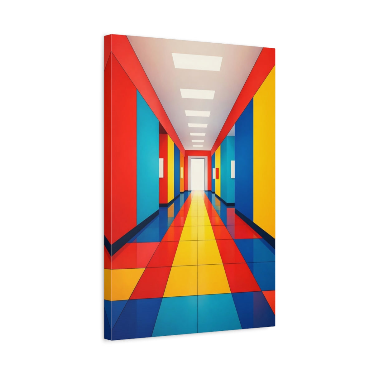 Side Mockup 3. Abstract Colorful Hallway Red Yellow Blue shown as stretched canvas wall art