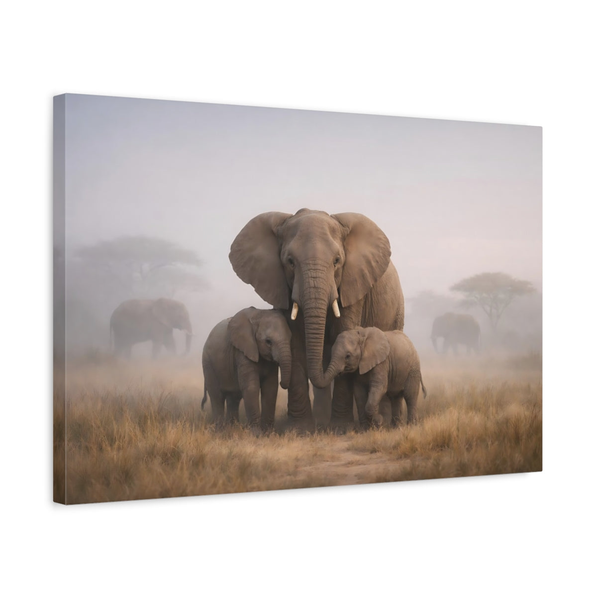 Mist Depth Elephant Family Animals - Canvas Wall Art Print