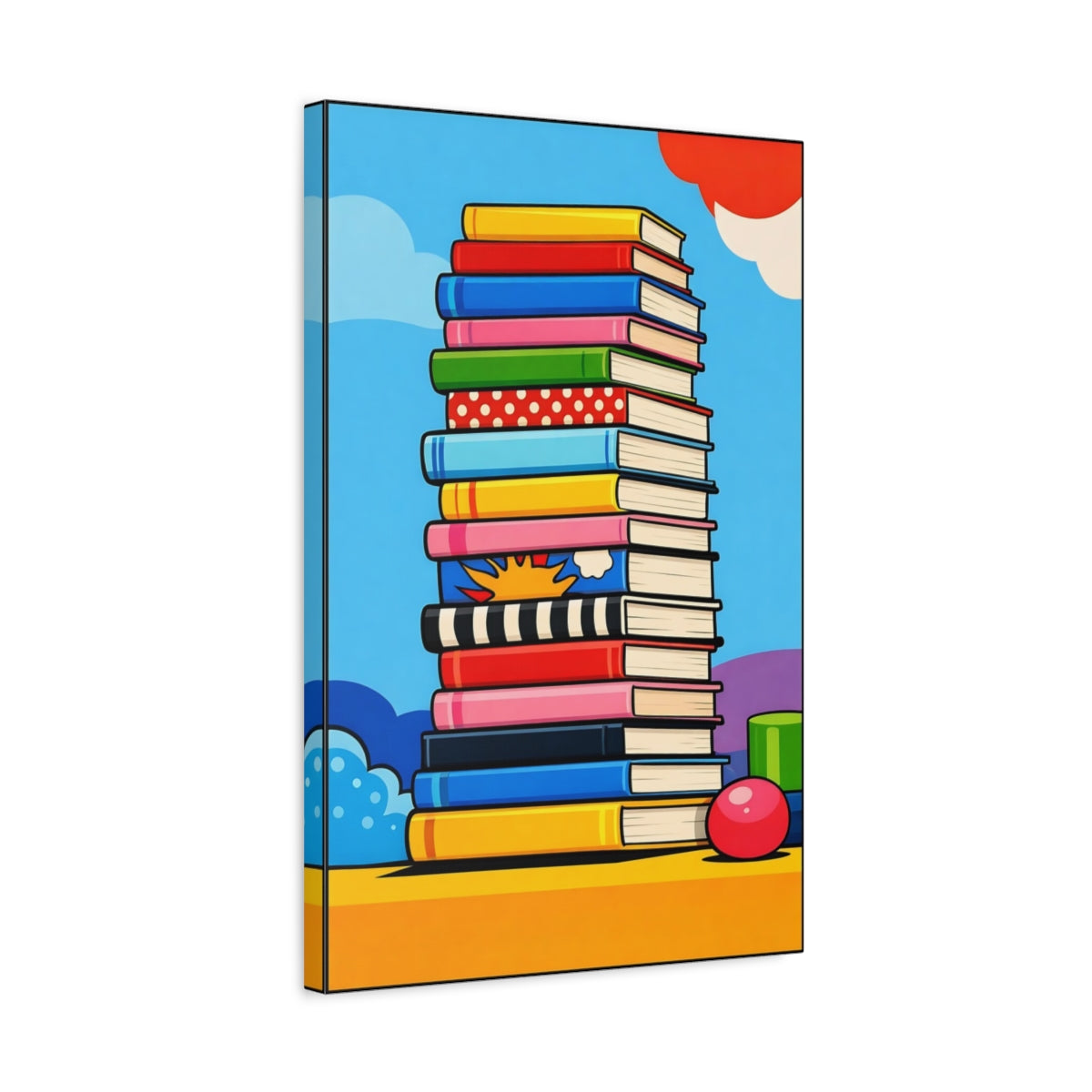 Side Mockup 3. Funny Books Colorful Books shown as stretched canvas wall art