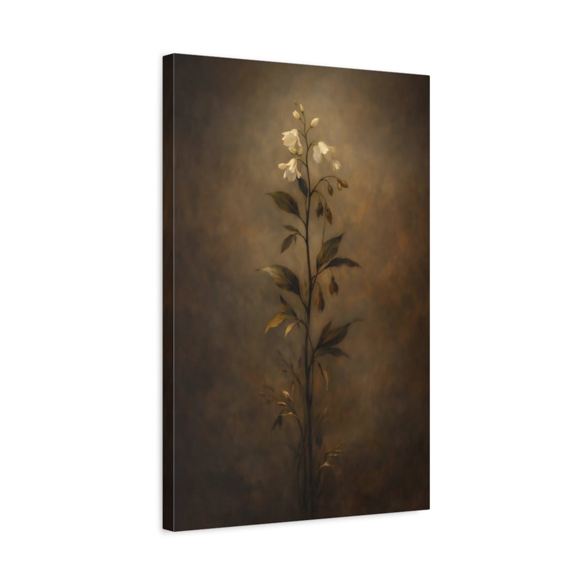 Side Mockup 3. Floral White Flowers Brown White Floral shown as stretched canvas wall art