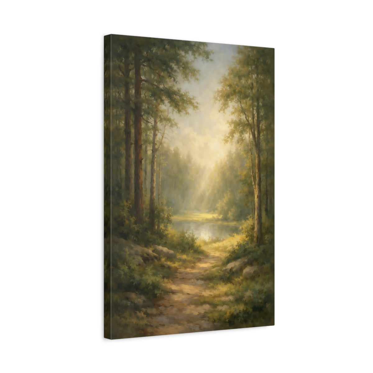 Side Mockup 3. Nature Forest Path Misty Forest Landscape shown as stretched canvas wall art