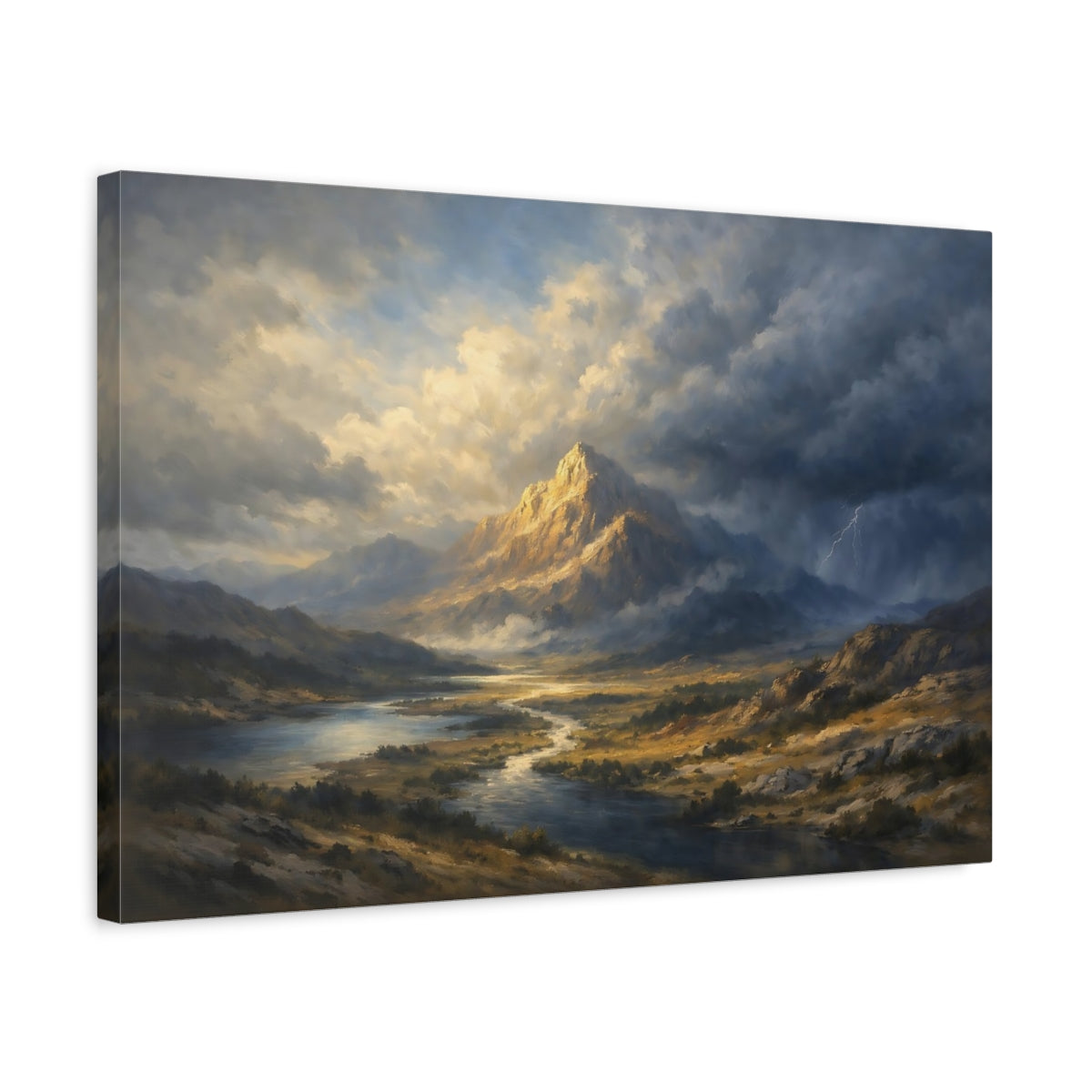 Side Mockup 3. Nature Mountain Dramatic Mountain shown as stretched canvas wall art