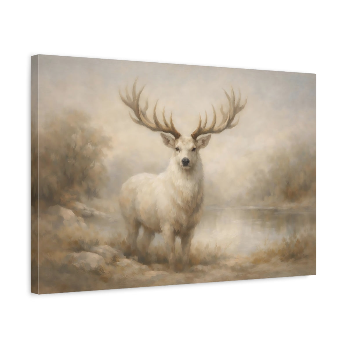 Side Mockup 3. Animals White Deer White Deer Art shown as stretched canvas wall art