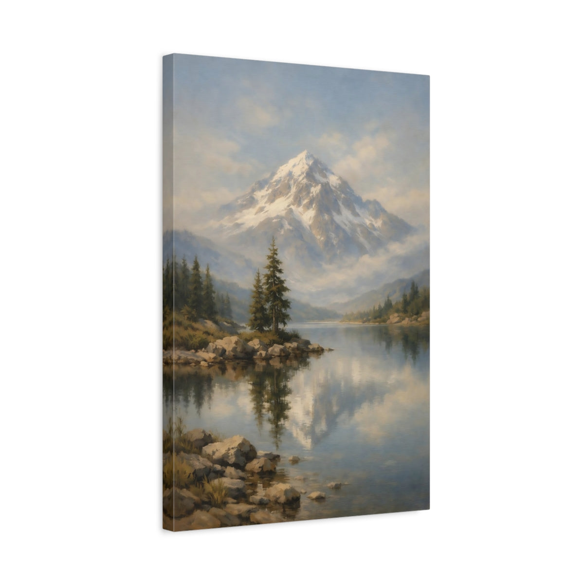 Side Mockup 3. Nature Snowy Mountain Snowy Mountain Lake shown as stretched canvas wall art