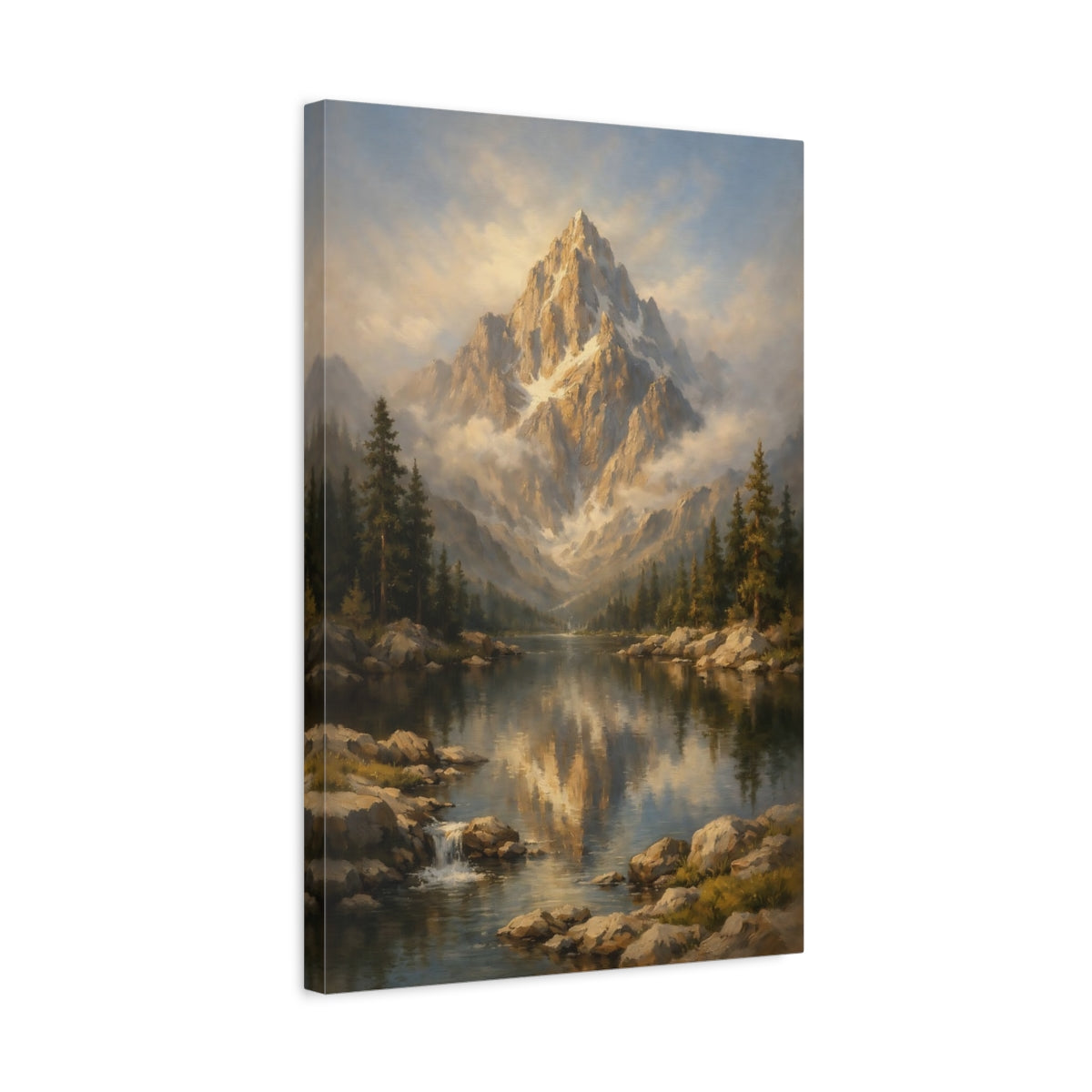 Side Mockup 3. Nature Mountain Lake Golden Mountain Lake shown as stretched canvas wall art