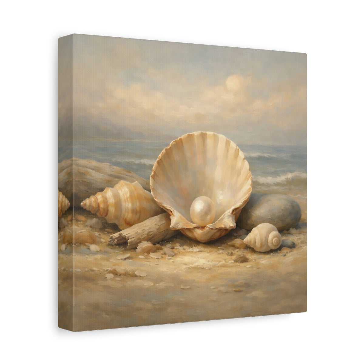 Side Mockup 9. Nature Pearl In Shell Seashell Beach shown as stretched canvas wall art