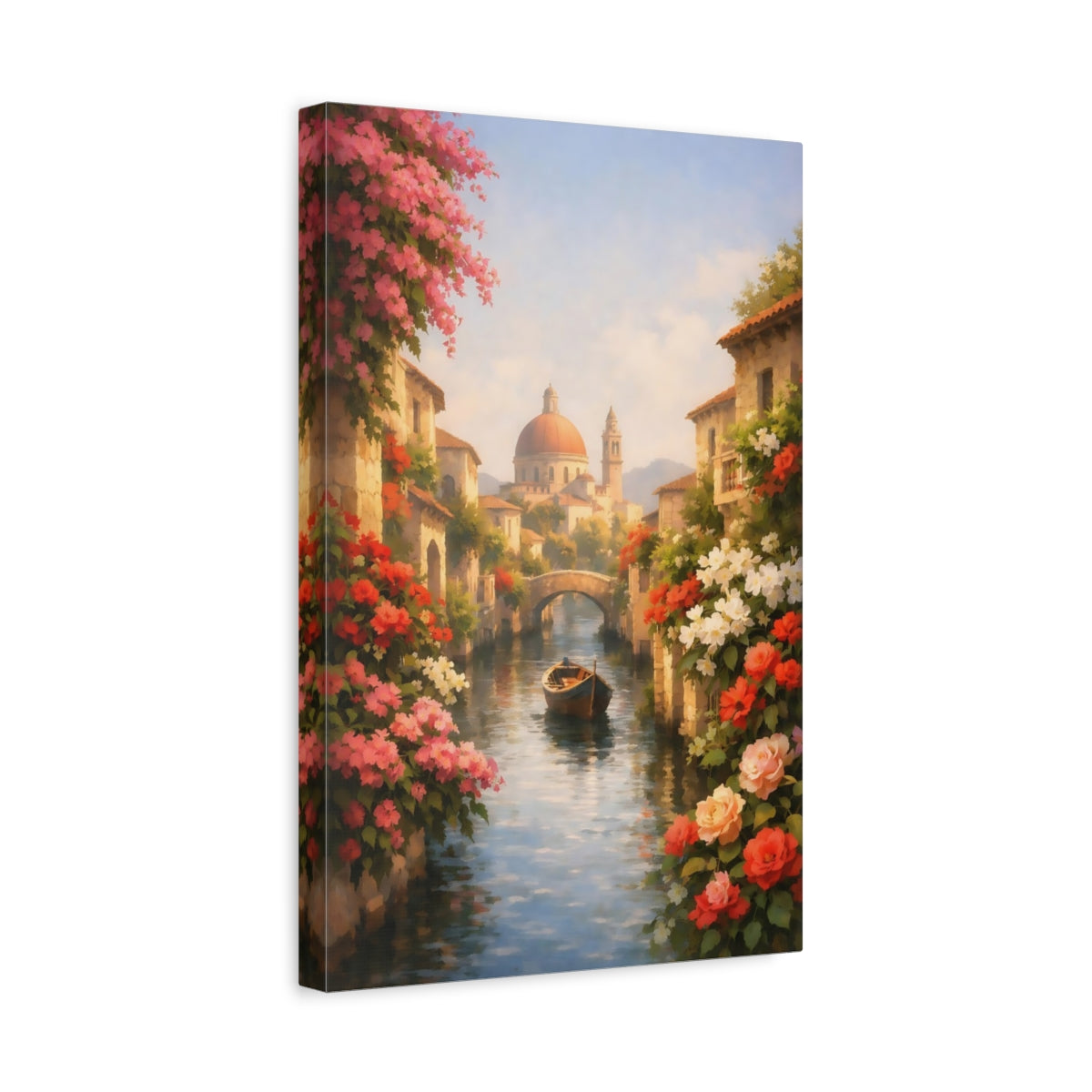 Side Mockup 4. Floral Canal Boat Pink And Blue Canal shown as stretched canvas wall art