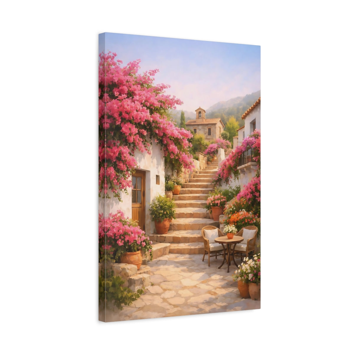 Side Mockup 3. Floral Flowering Village Pink Mediterranean Village shown as stretched canvas wall art