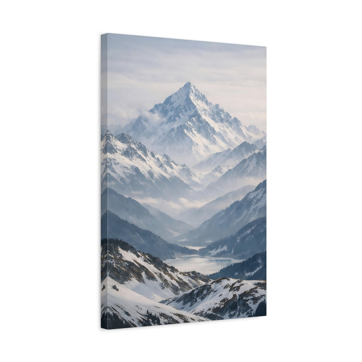 Side Mockup 3. Nature Snowy Mountains Winter Mountain Scene shown as stretched canvas wall art