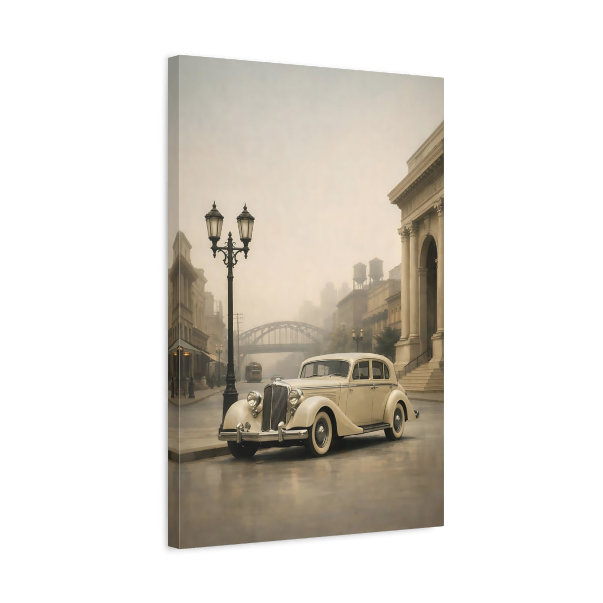 Side Mockup 3. Vintage Vintage Car Cream And Grey Vintage shown as stretched canvas wall art