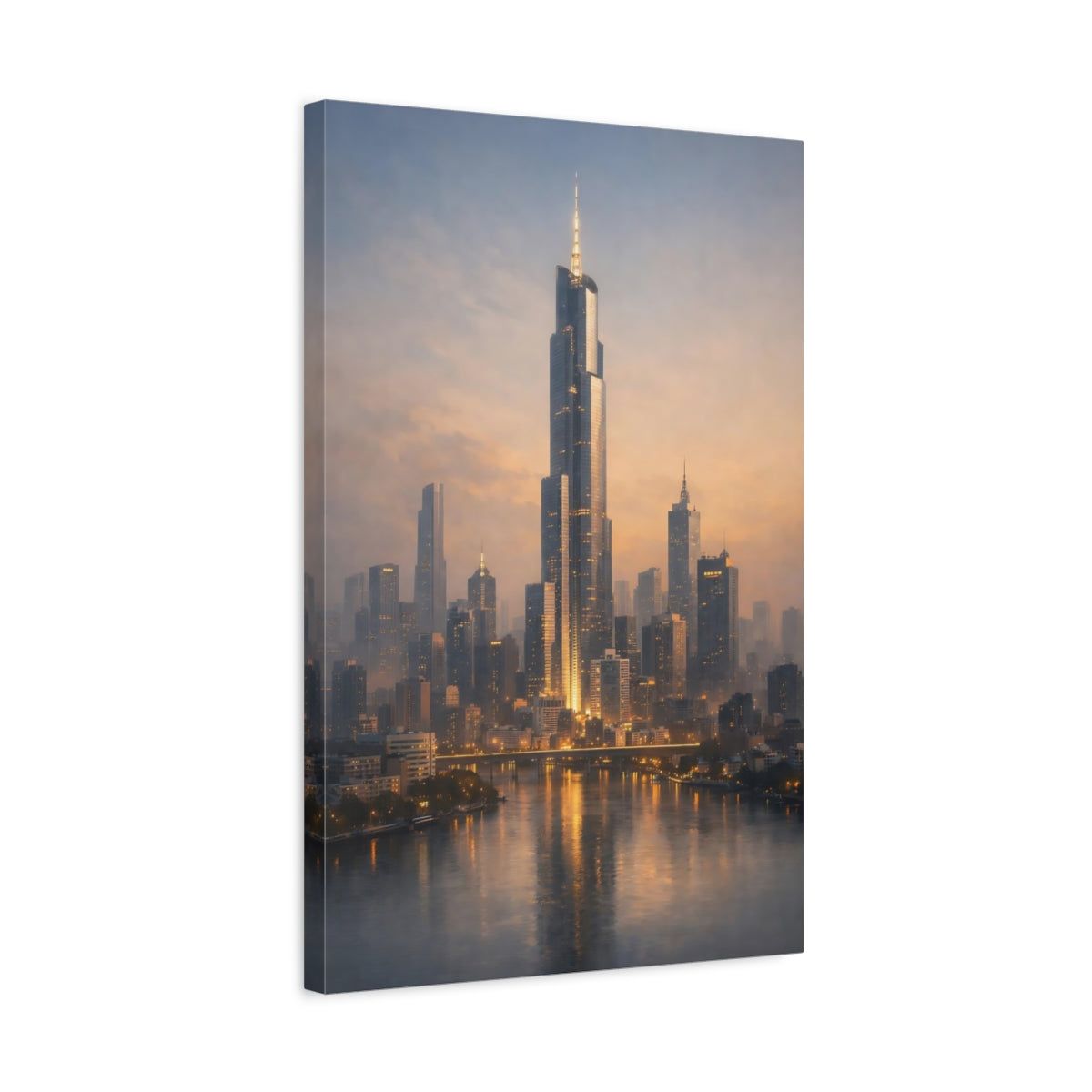 Side Mockup 3. Science Fiction Cityscape Orange Blue City shown as stretched canvas wall art