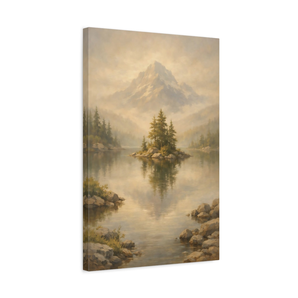 Side Mockup 3. Nature Mountain Lake Misty Landscape shown as stretched canvas wall art