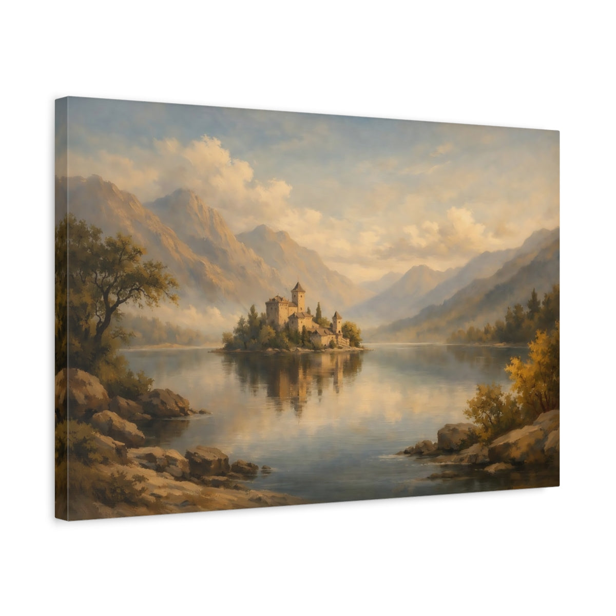 Side Mockup 3. Fairytale Island Castle Golden Lake Castle shown as stretched canvas wall art