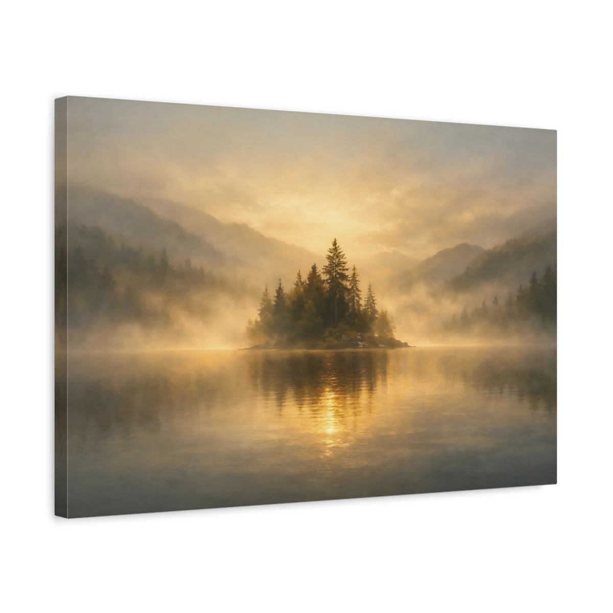 Mist Depth Golden Water Forest Island Nature - Canvas Wall Art Print